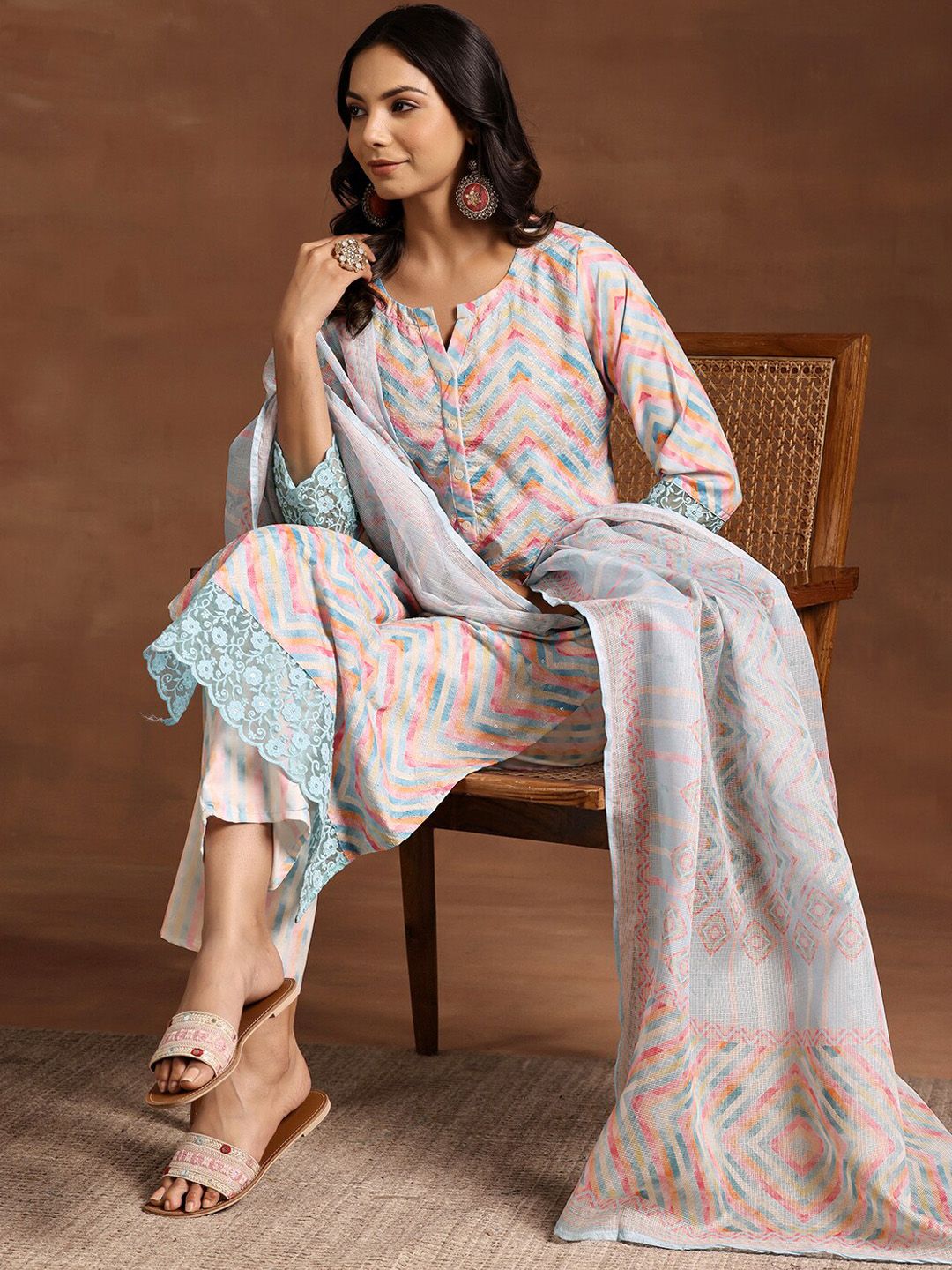 Libas Embroidered Regular Thread Work Straight Kurta with Palazzos & Dupatta