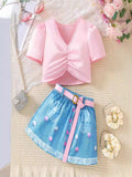 YK Girls V-Neck Top With Skirt