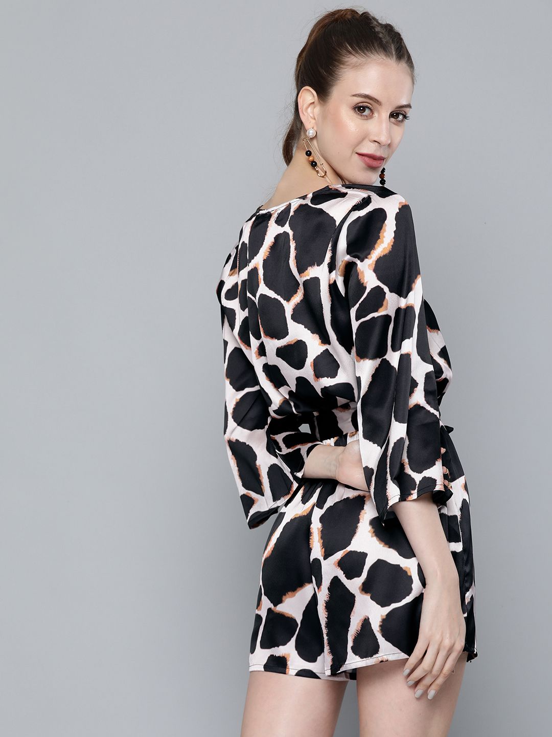SASSAFRAS Off White & Black Animal Print Satin Playsuit
