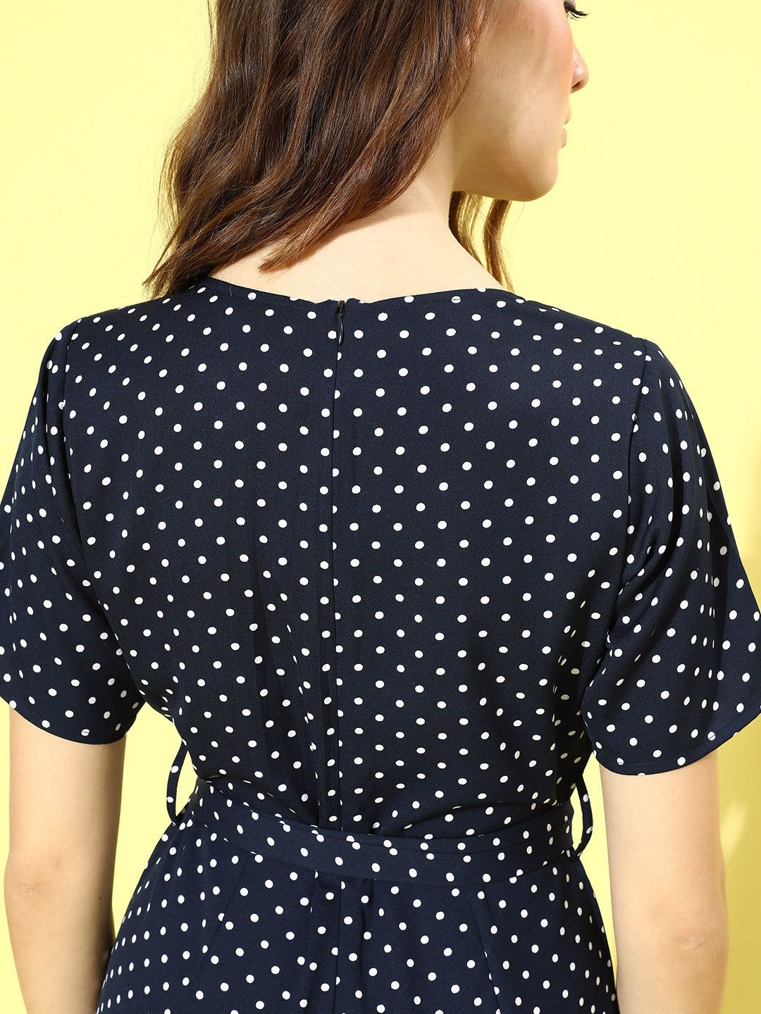 Berrylush Navy Blue & White Shawl Neck Printed Culotte Jumpsuit