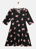 YK Girls Black & Pink Floral Print Fit & Flare Dress