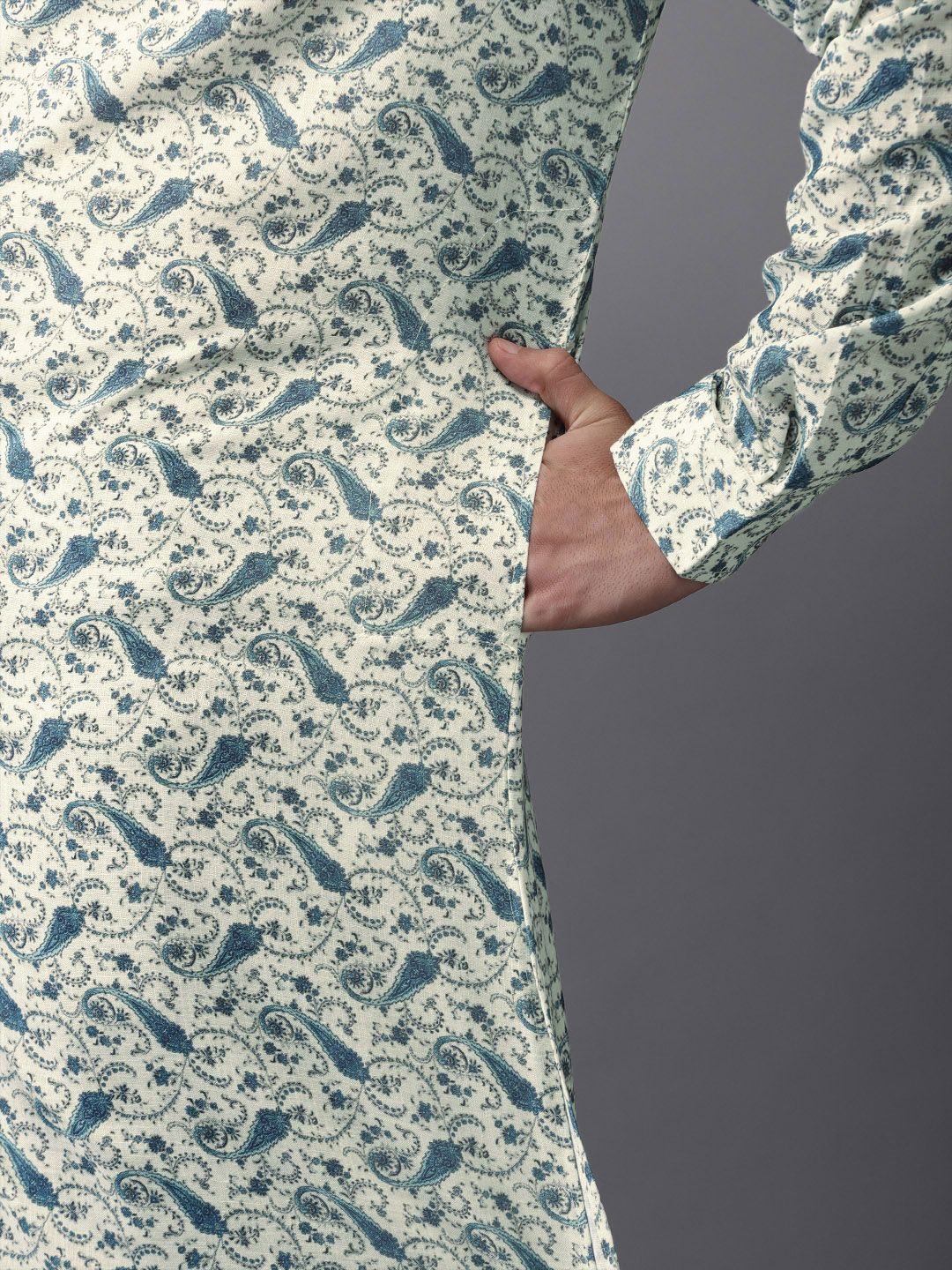 Anouk Men Sea Green & Blue Printed Fusion Straight Kurta