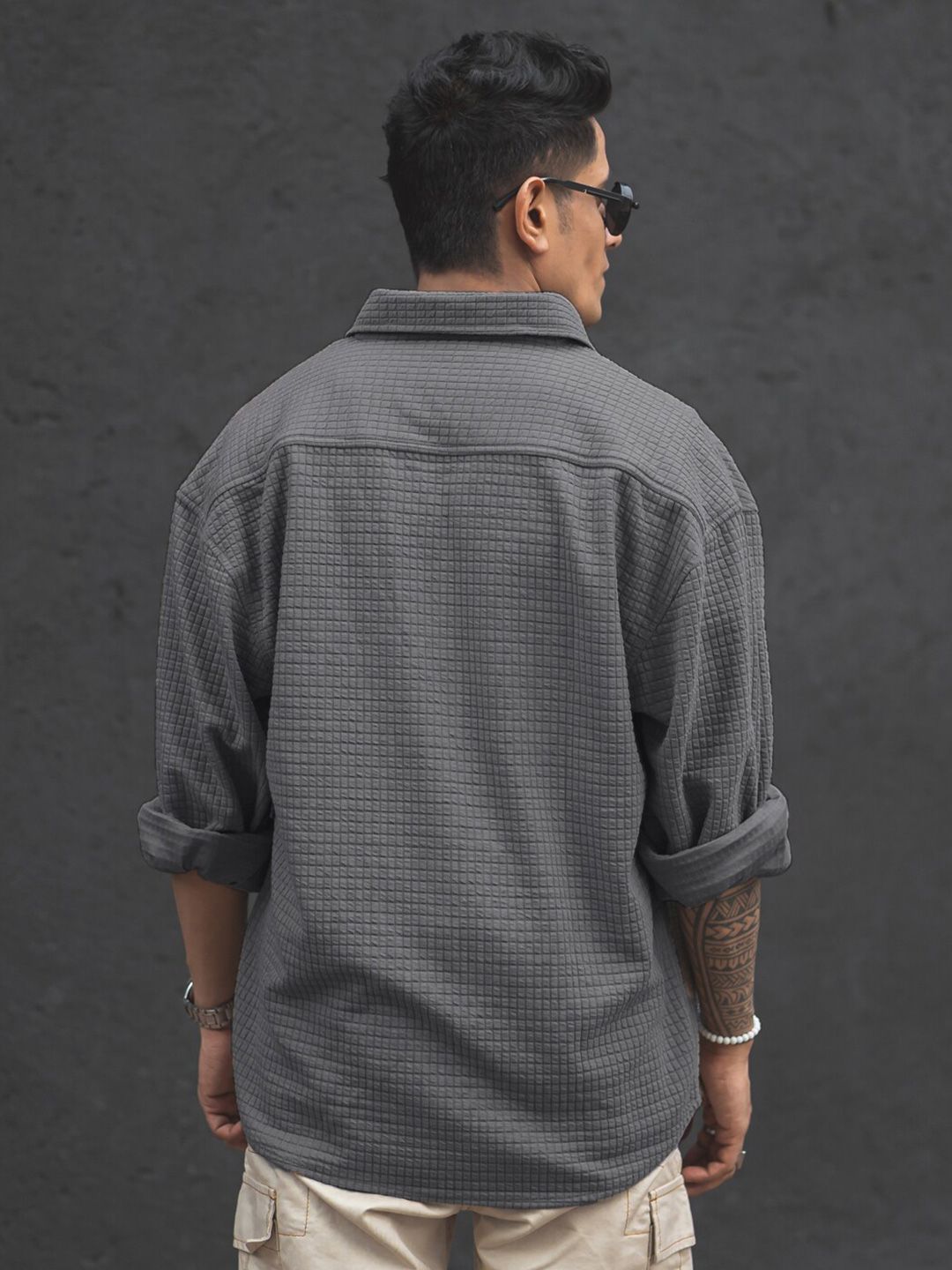 Powerlook India Slim Oversized Textured Self Design Spread Collar Knitted Casual Shirt