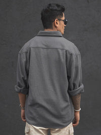 Powerlook India Slim Oversized Textured Self Design Spread Collar Knitted Casual Shirt