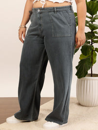 CURVY STREET Women Plus Size Grey Mid-Rise Clean Look Pure Cotton Wide Leg Jeans