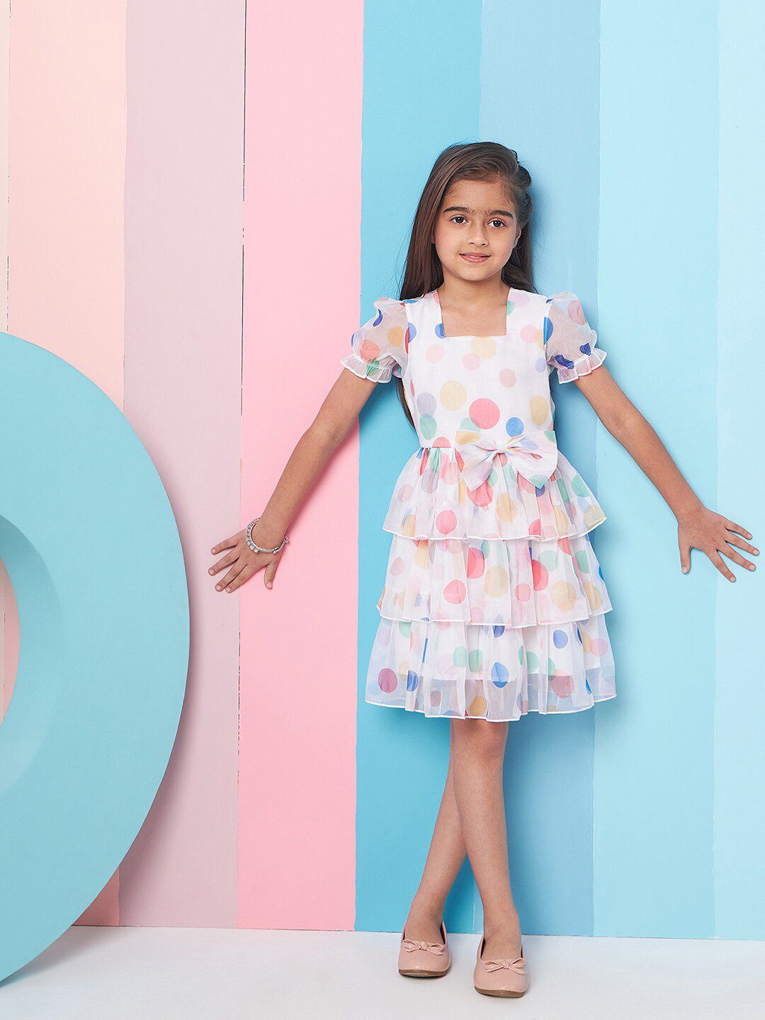 pspeaches Girls Geometric Printed Layered Fit & Flare Dress