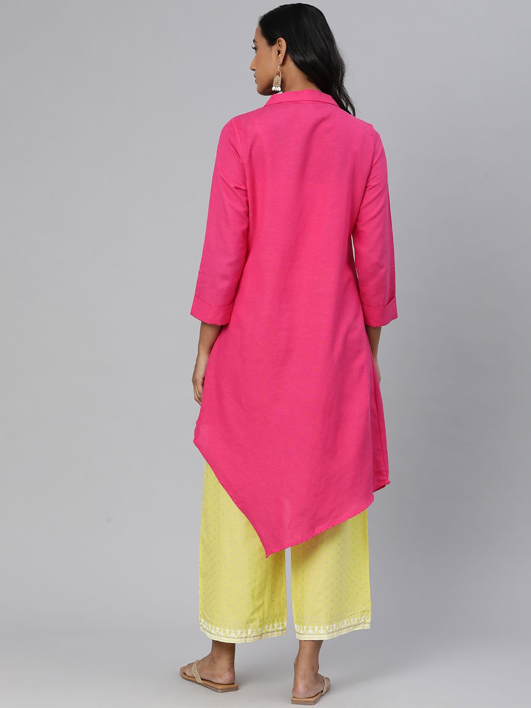 Global Desi Women Pink Solid Shirt Collar Asymmetric Tunic