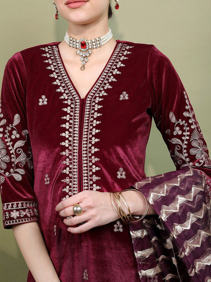 Vishudh Women Embroidered Knitted Velvet Kurta with Trousers & With Dupatta