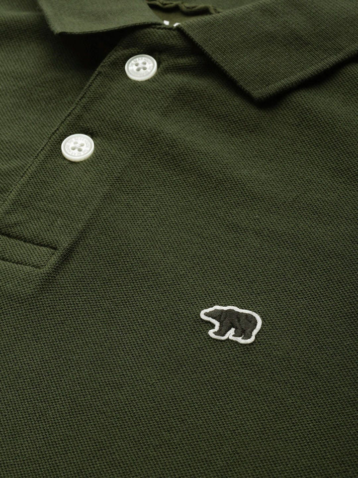 THE BEAR HOUSE Men Green Solid Overdyed Polo Collar Slim Fit Pure Cotton T-shirt