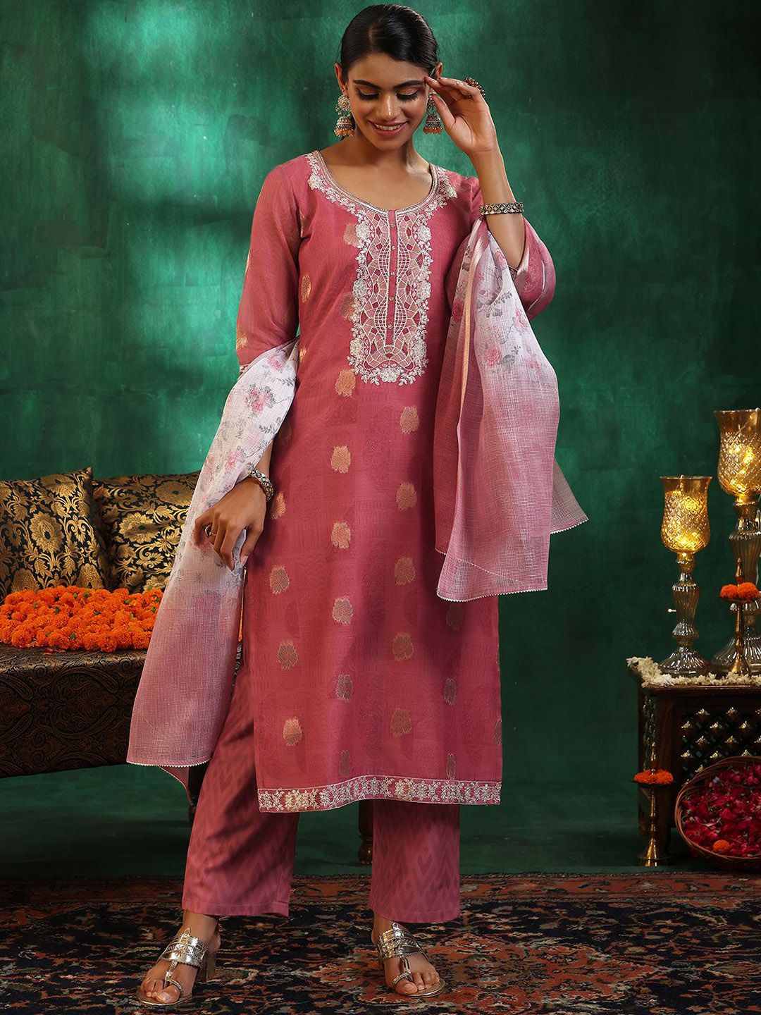 Libas Women Ethnic Motifs Regular Sequinned Kurta with Trousers & With Dupatta
