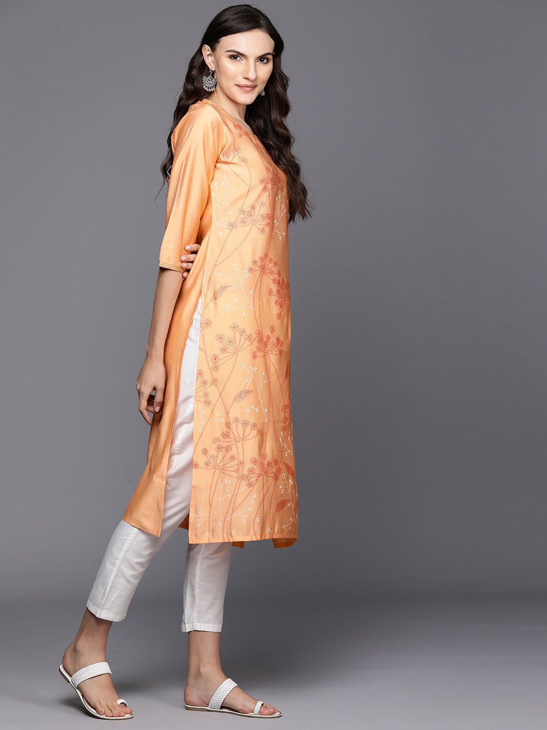 Indo Era Floral Printed Thread Work Detail Straight Kurta