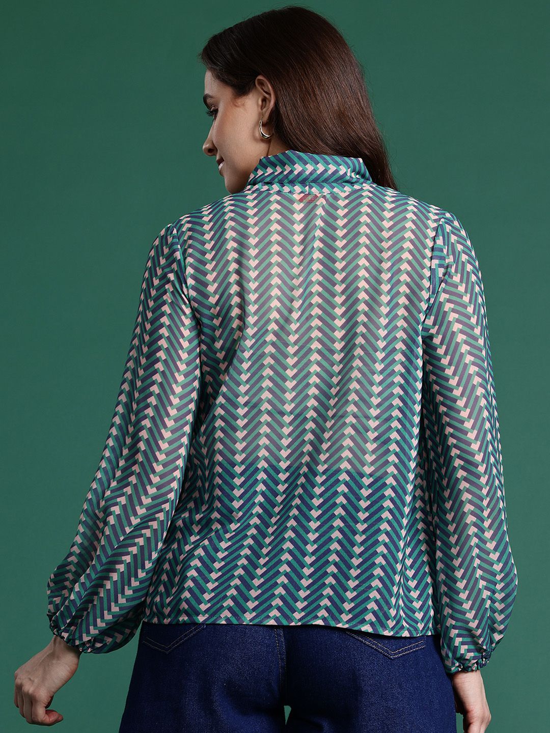 DressBerry Geometric Print Tie-Up Neck Puff Sleeves Top