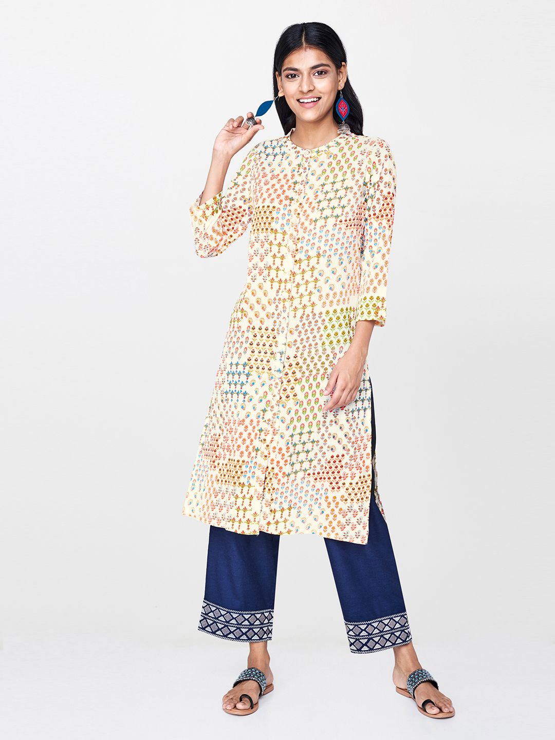 Global Desi Women Off-White & Orange Printed A-Line Kurta