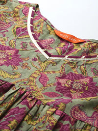 Indo Era Floral Printed Pleated Pure Cotton Kurta with Trousers & With Dupatta