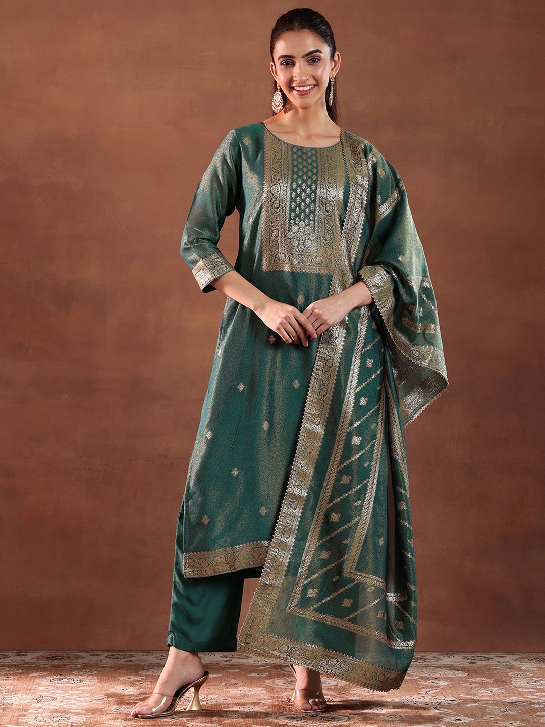 Libas Green and Gold Ethnic Motifs Woven Design Straight Kurta with Trouser & Dupatta