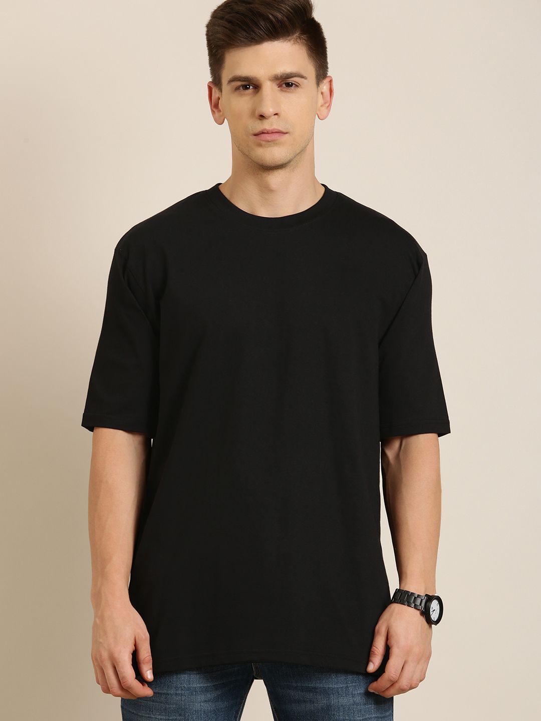 DILLINGER Men Black Solid Pure Cotton Drop-Shoulder Sleeves Oversized Fit T-shirt