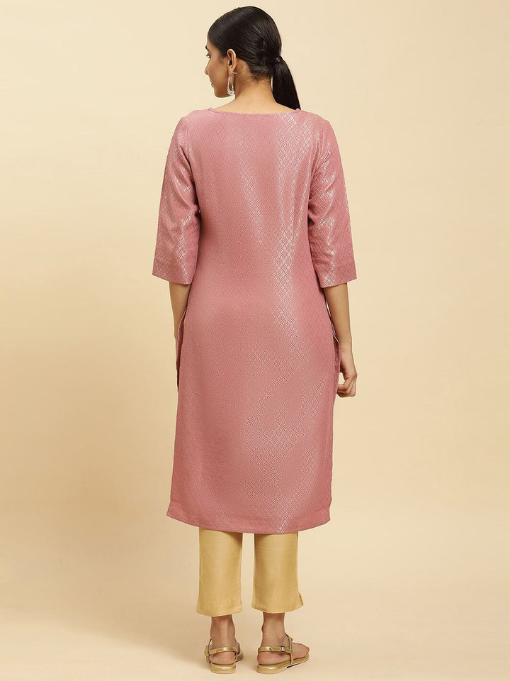 W Pink Woven Design Sequinned Straight Kurta