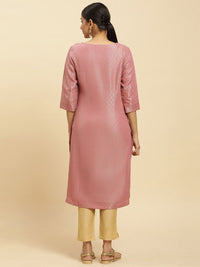 W Pink Woven Design Sequinned Straight Kurta