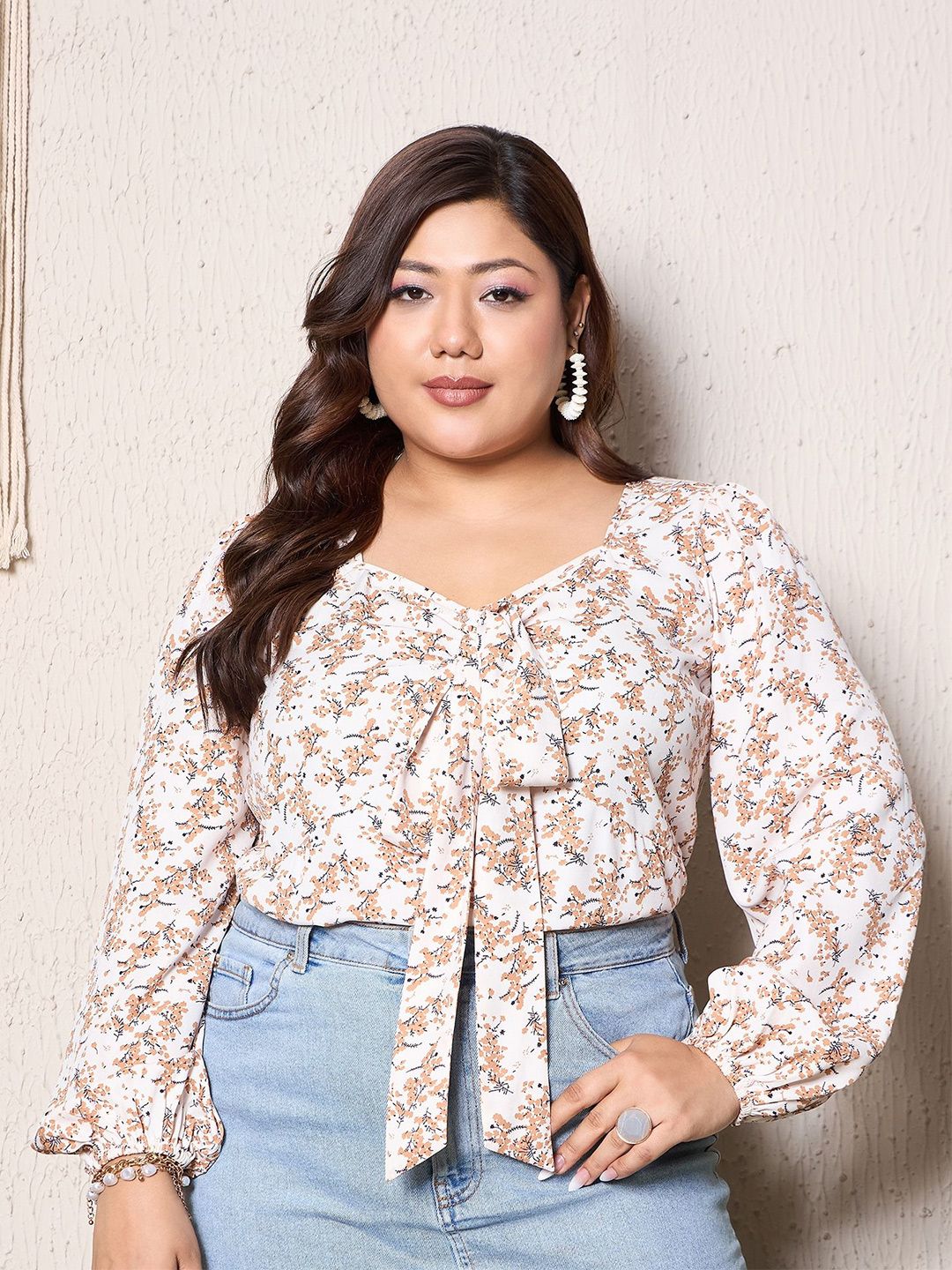Berrylush Curve Floral Print Puff Sleeve Crop Top