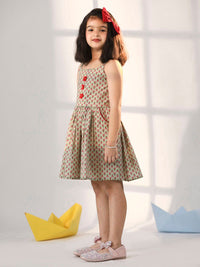 VASTRAMAY Girls Floral Printed Shoulder Straps Gathered Detail Cotton Fit & Flare Dress