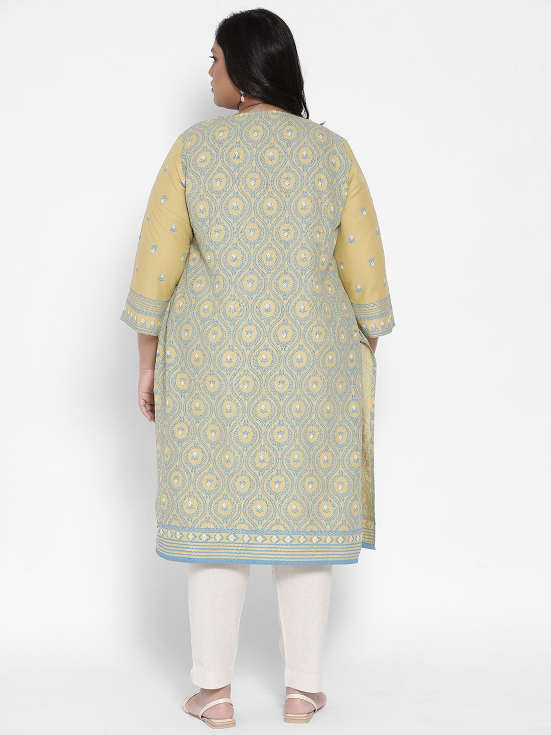 W Women Yellow & Blue Ethnic Motifs Printed Flared Sleeves Kurta