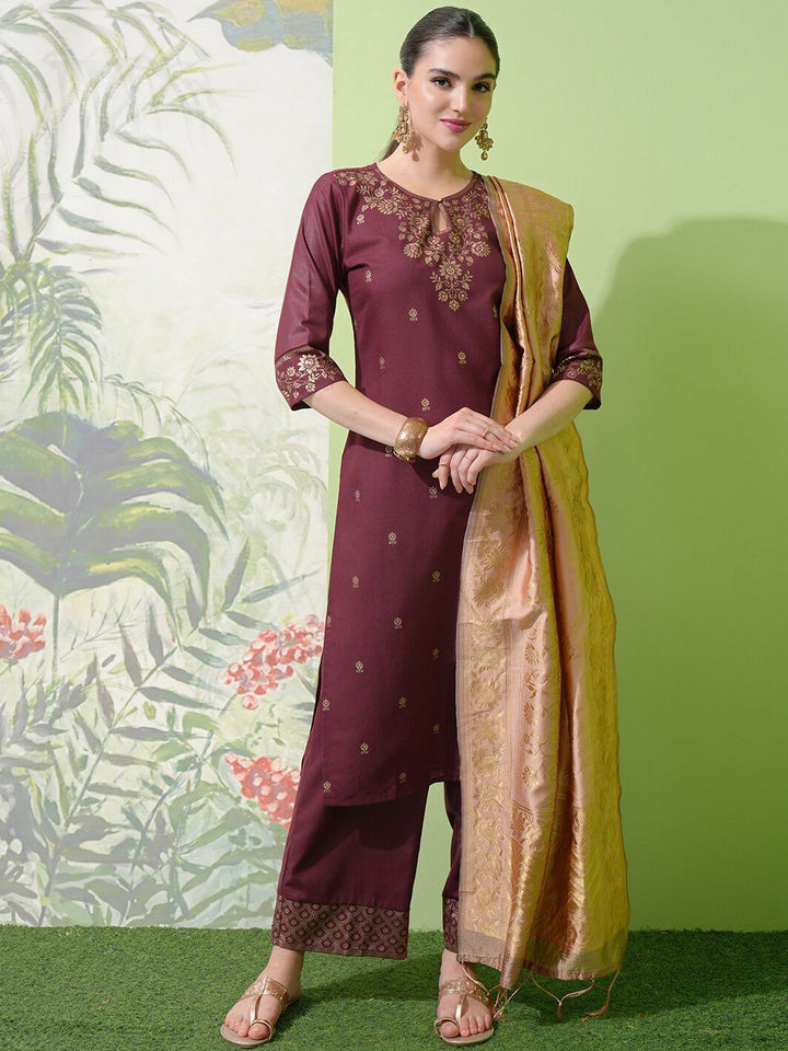 Vishudh Burgundy Floral Woven Design Straight Kurta With Palazzos & Dupatta