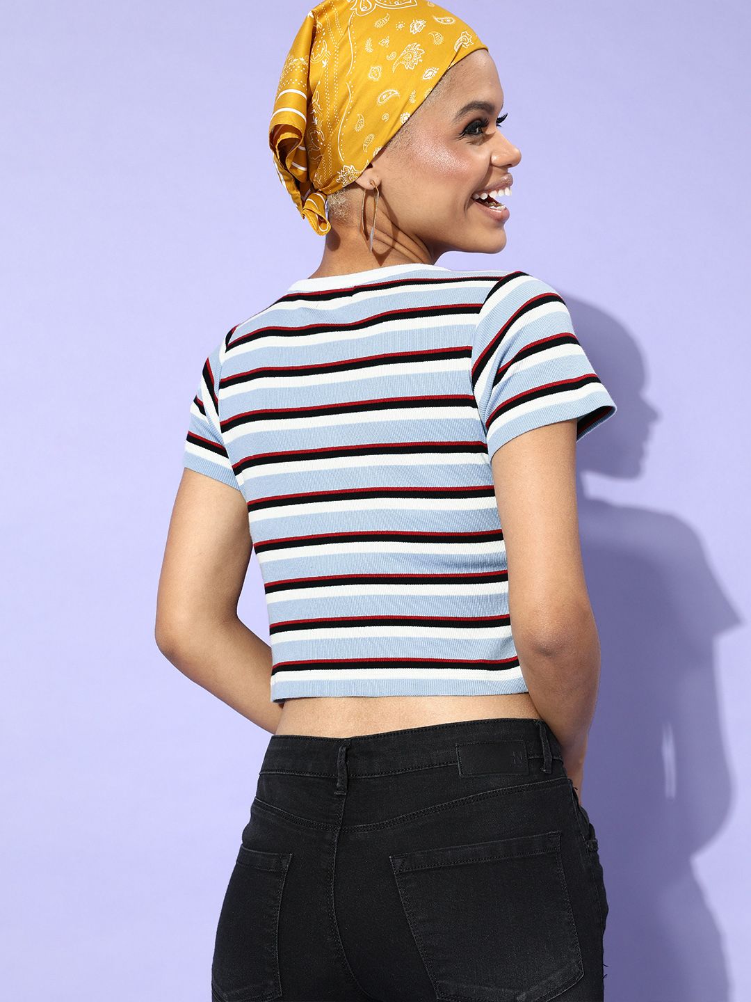 SASSAFRAS Blue & White Striped Regular Crop Top