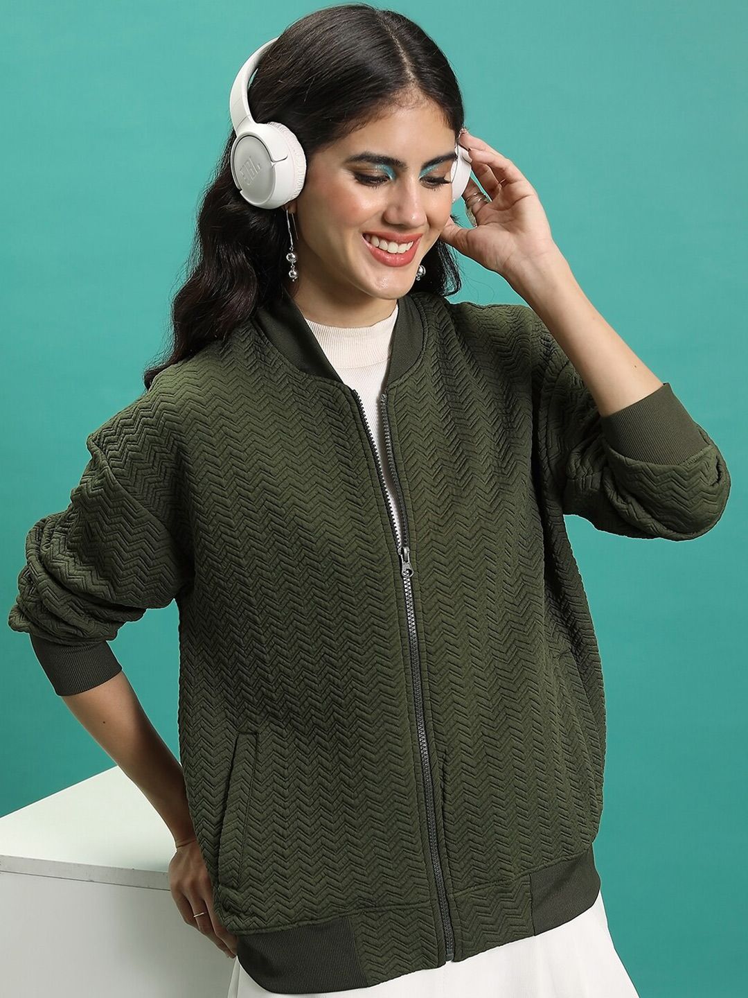 Tokyo Talkies Green Self Design Stand Collar Bomber Jacket