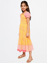 Global Desi Girls Orange Floral A-Line Midi Dress
