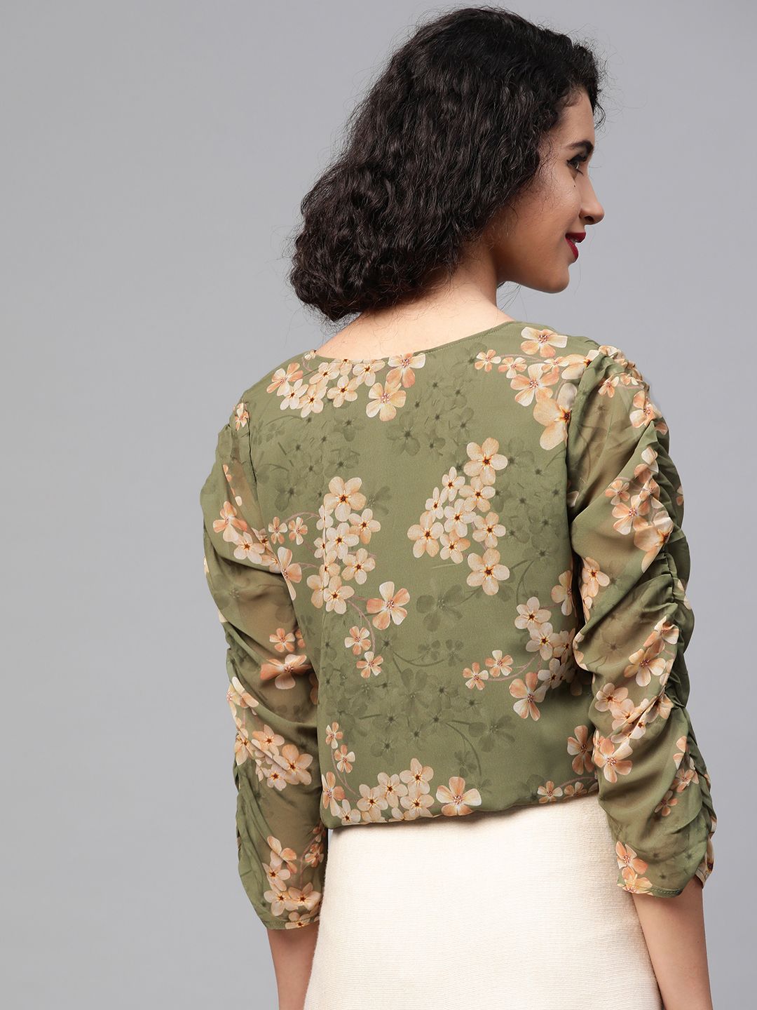 SASSAFRAS Olive Green & Beige Floral Georgette Blouson Top