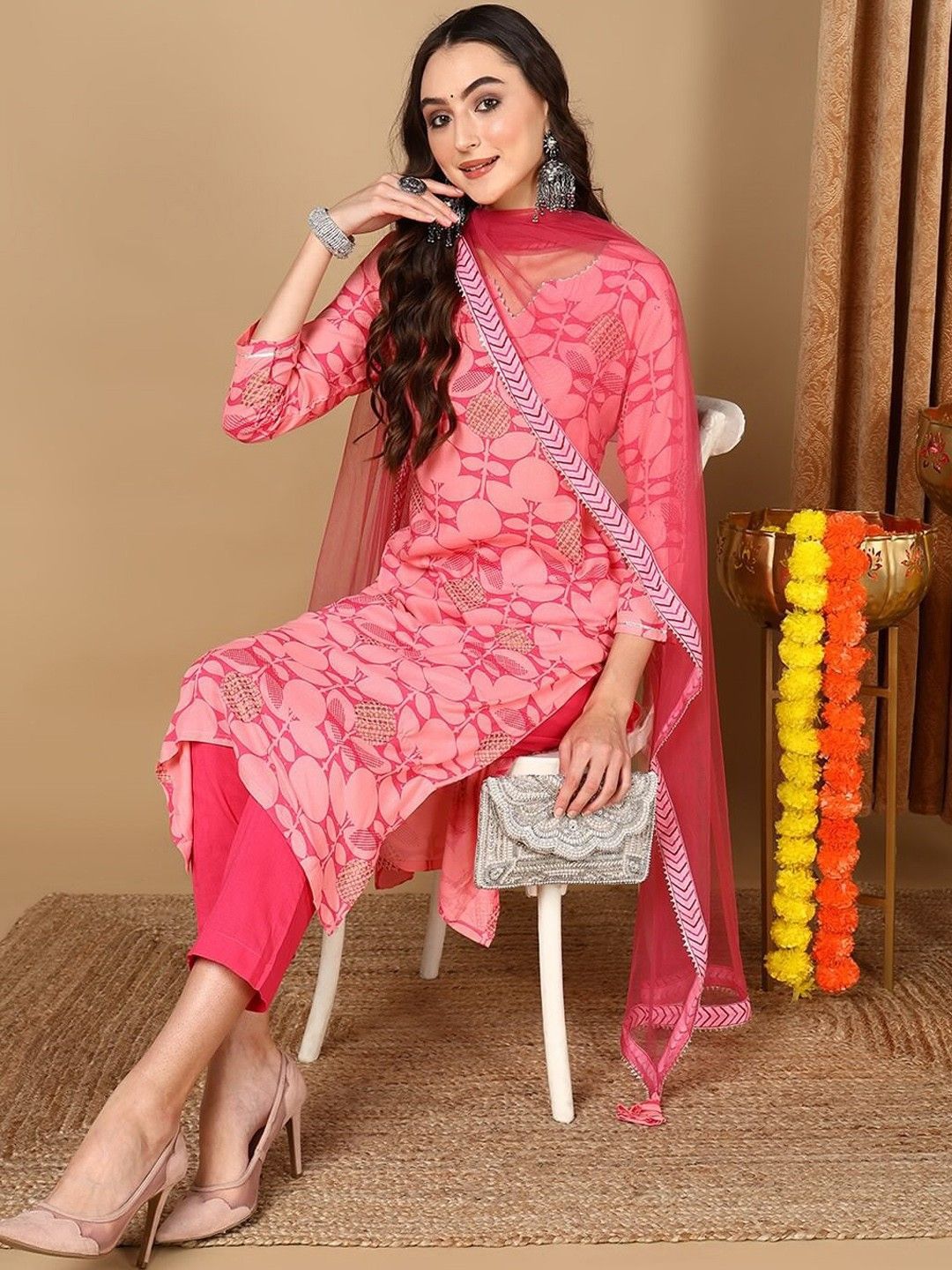 KALINI Floral Printed Notch Neck Straight Kurta With Trousers & Dupatta