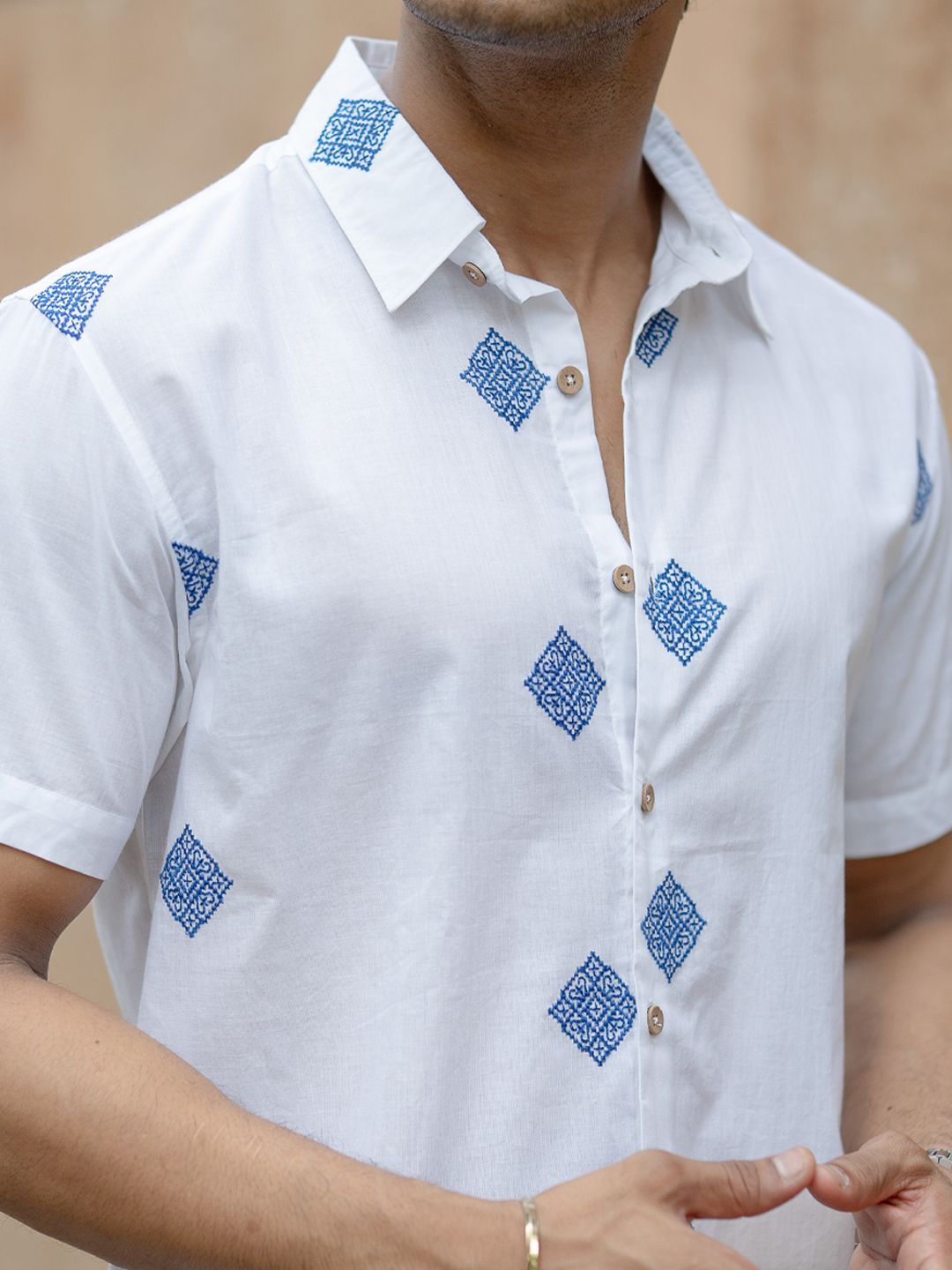 Powerlook SS25 Geometric Embroidered Pure Cotton Casual Shirt