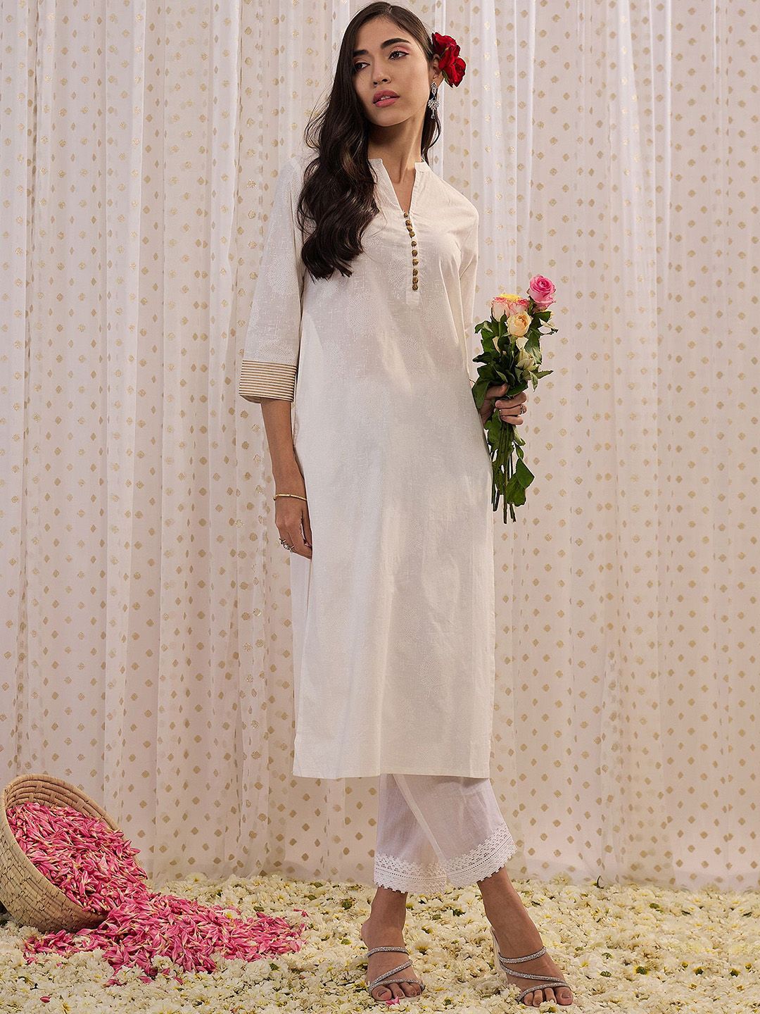 Indo Era Off White Ethnic Mandarin Collar Motifs Printed Cotton Straight Kurta