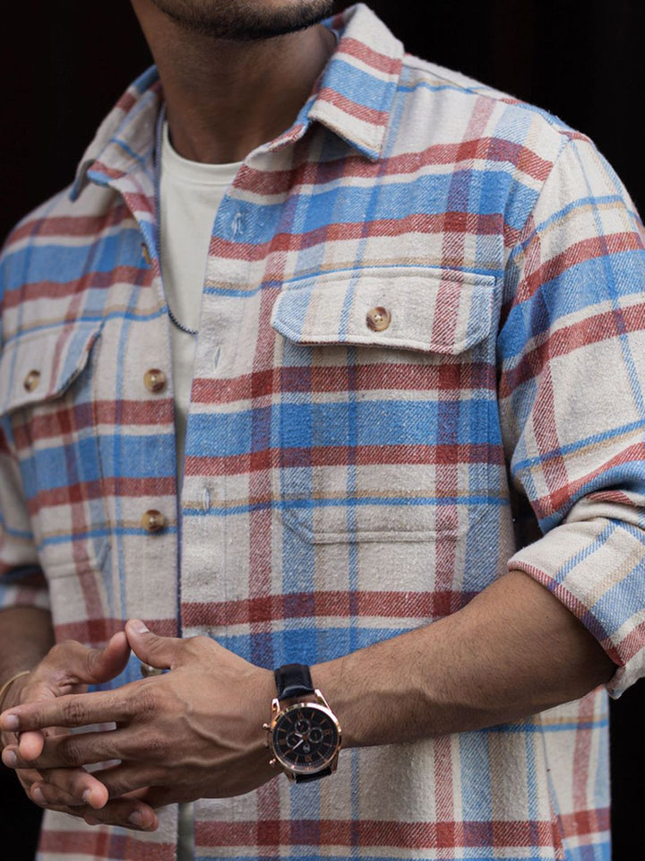 Powerlook Men Spread Collar Tartan Checked Cotton Casual Shirt