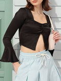 DressBerry Fusion & Finesse Bell Sleeve Textured Front-Slit Crop Top