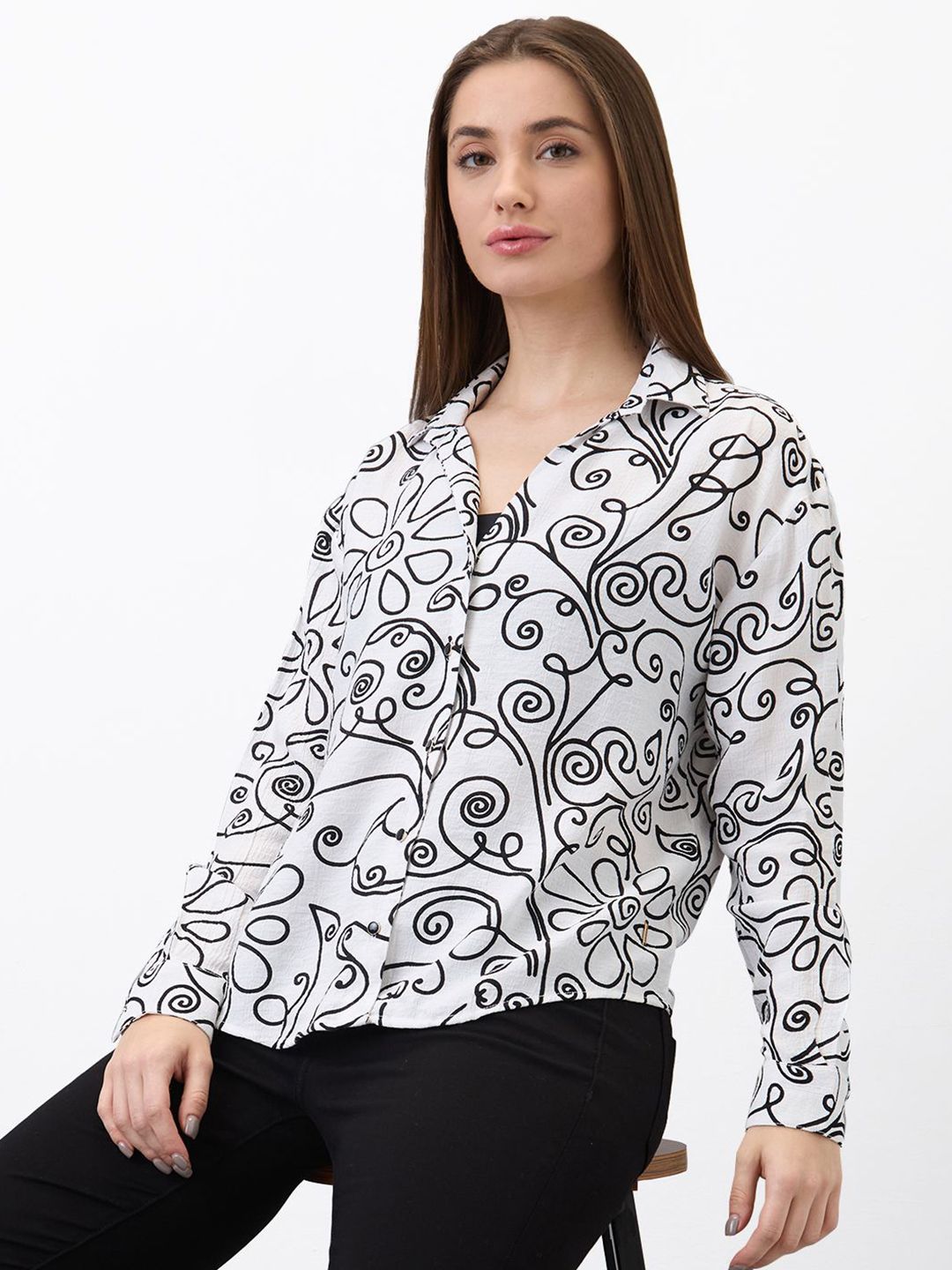 SPYKAR Women Printed Mandarin Collar Shirt Style Top
