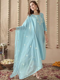 Anouk Embroidered Regular Thread Work Pure Cotton Straight Kurta With Trousers & Dupatta