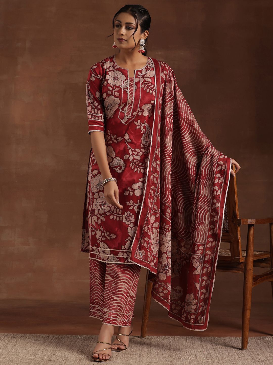 Libas Floral Printed Gotta Patti Pure Cotton Straight Kurta With Palazzo & Dupatta