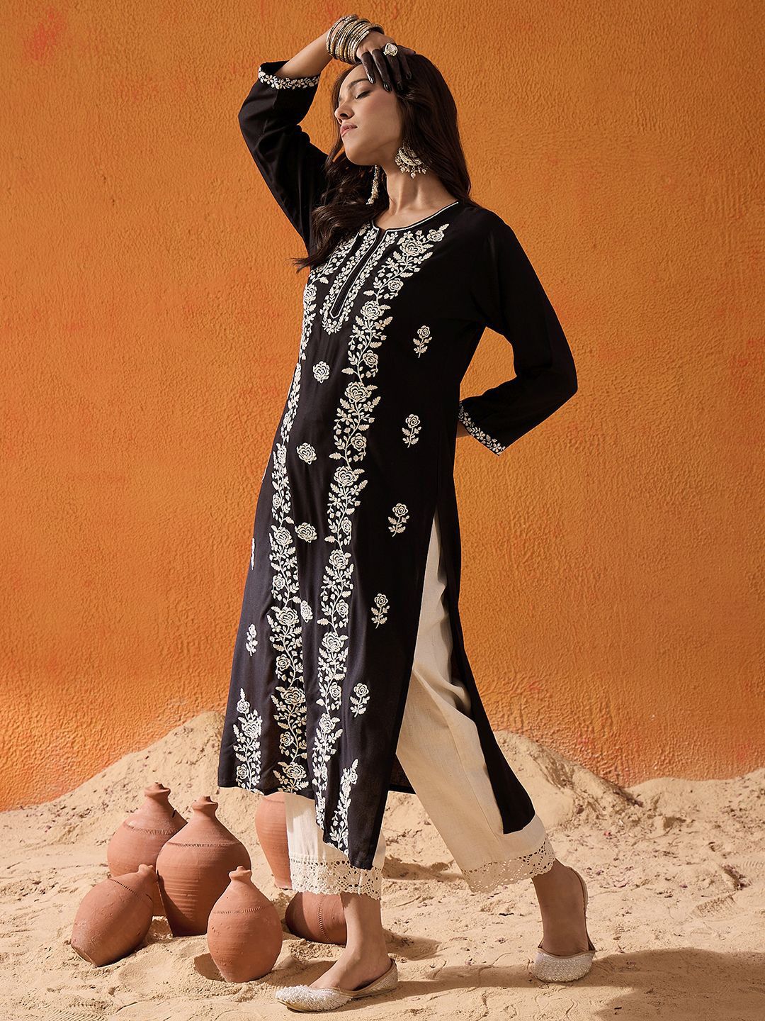 Indo Era Black Floral Embroidered Straight Kurta