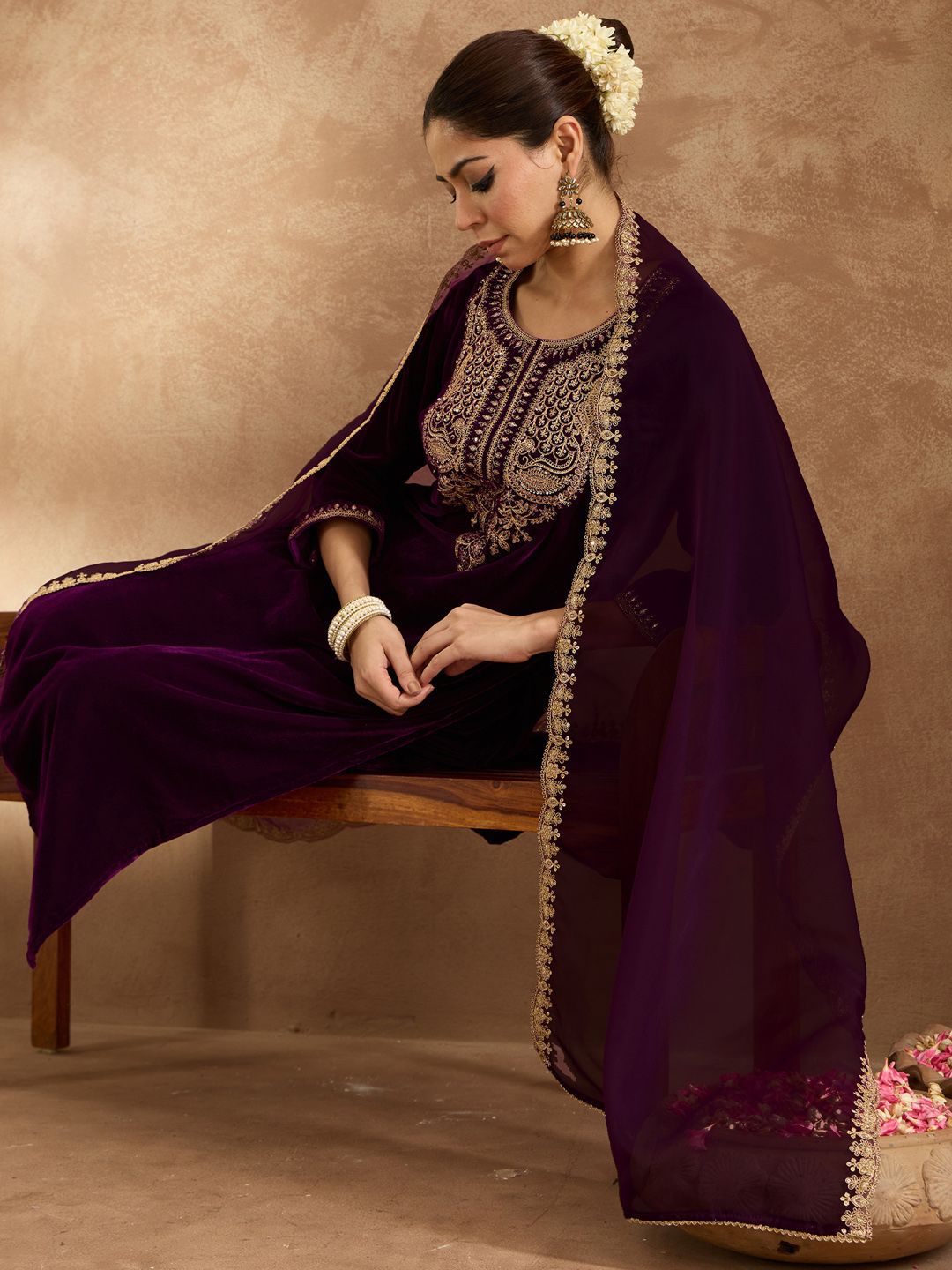 Indo Era Women Ethnic Motifs Embroidered Regular Velvet Kurta with Trousers & With Dupatta