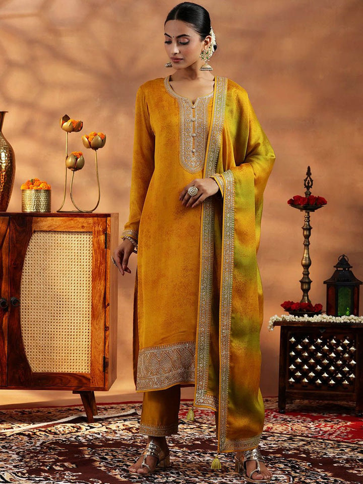 Libas Floral Embroidered Sequinned Straight Kurta With Trousers & Dupatta