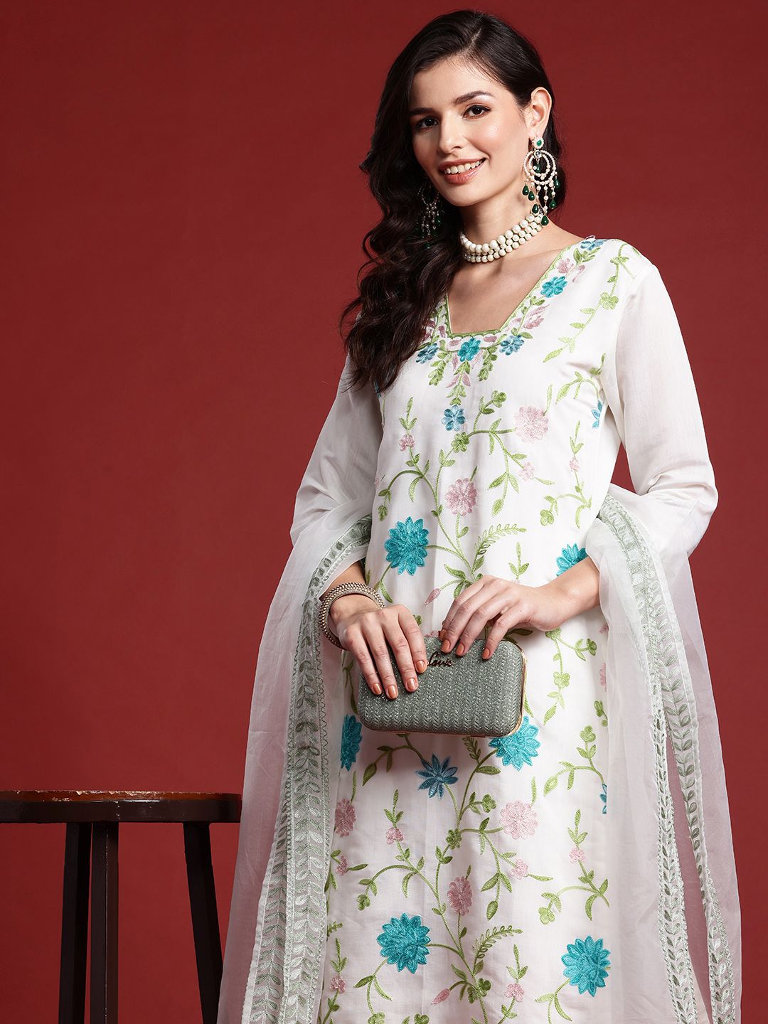 Indo Era Women Floral Embroidered Thread Work Kurta With Trousers & Dupatta