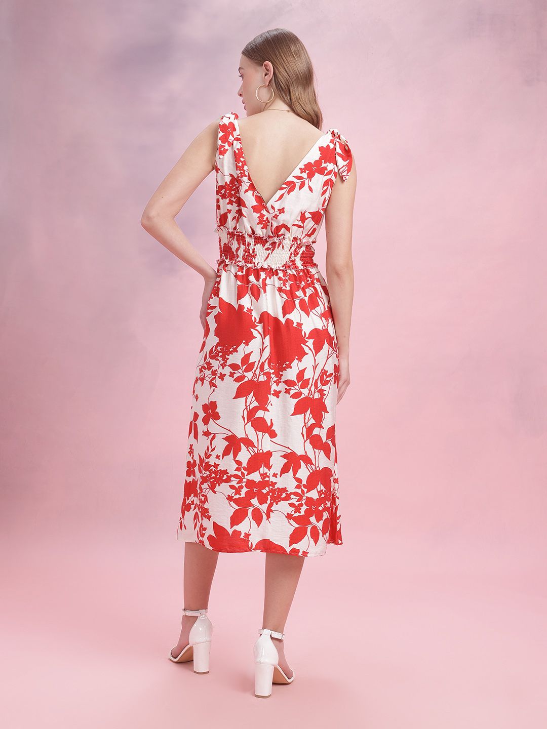 DressBerry Floral Print Smocked Midi A-Line Dress