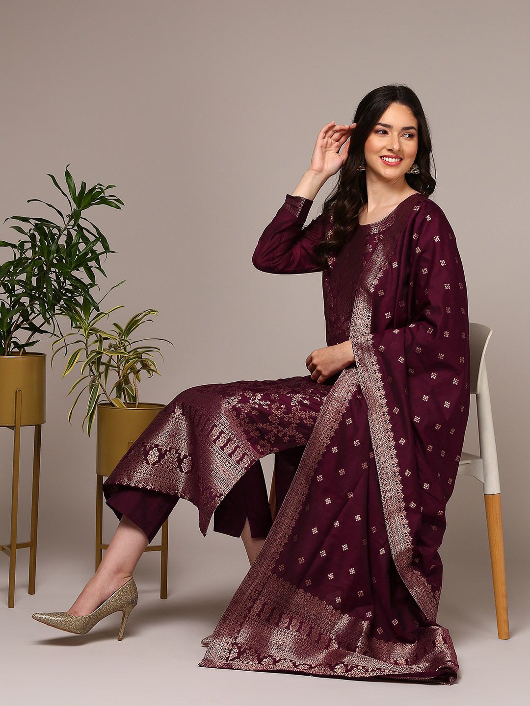 KALINI Floral Woven Design Zari Straight Kurta With Trousers & Dupatta