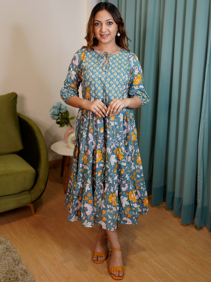 Libas Blue & Yellow Floral Print Tie-Up Neck Puff Sleeve Fit & Flare Midi Dress