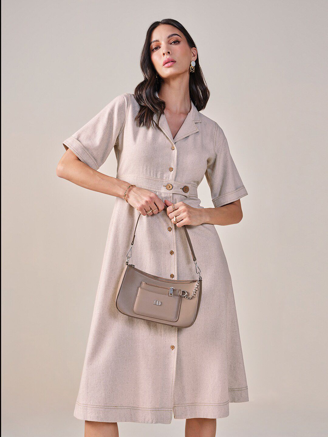 AND Lapel Collar Short Sleeves Shirt Midi Dress