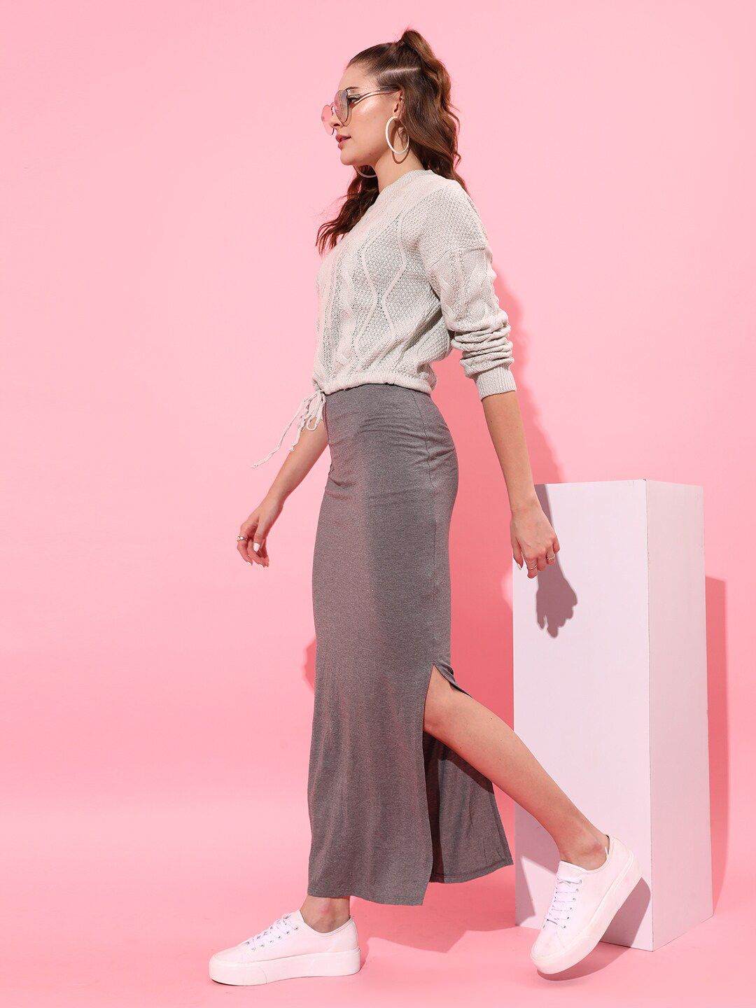 STREET 9 Women Grey Cable Knit Crop Pullover