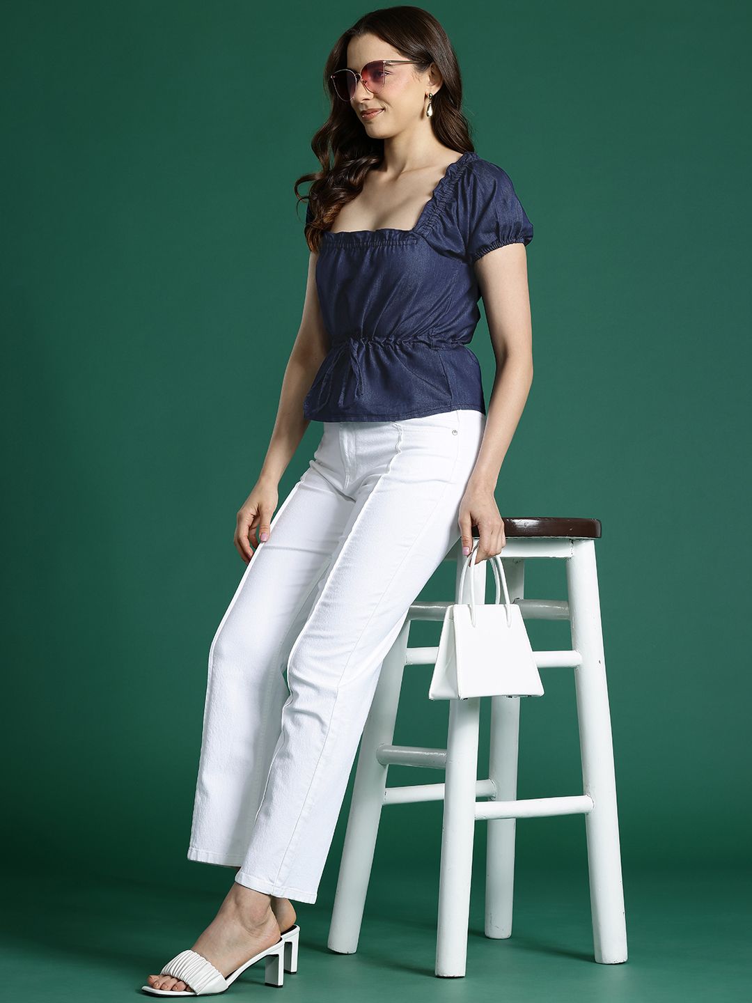 DressBerry Puff Sleeve Chambray Cinched Waist Top