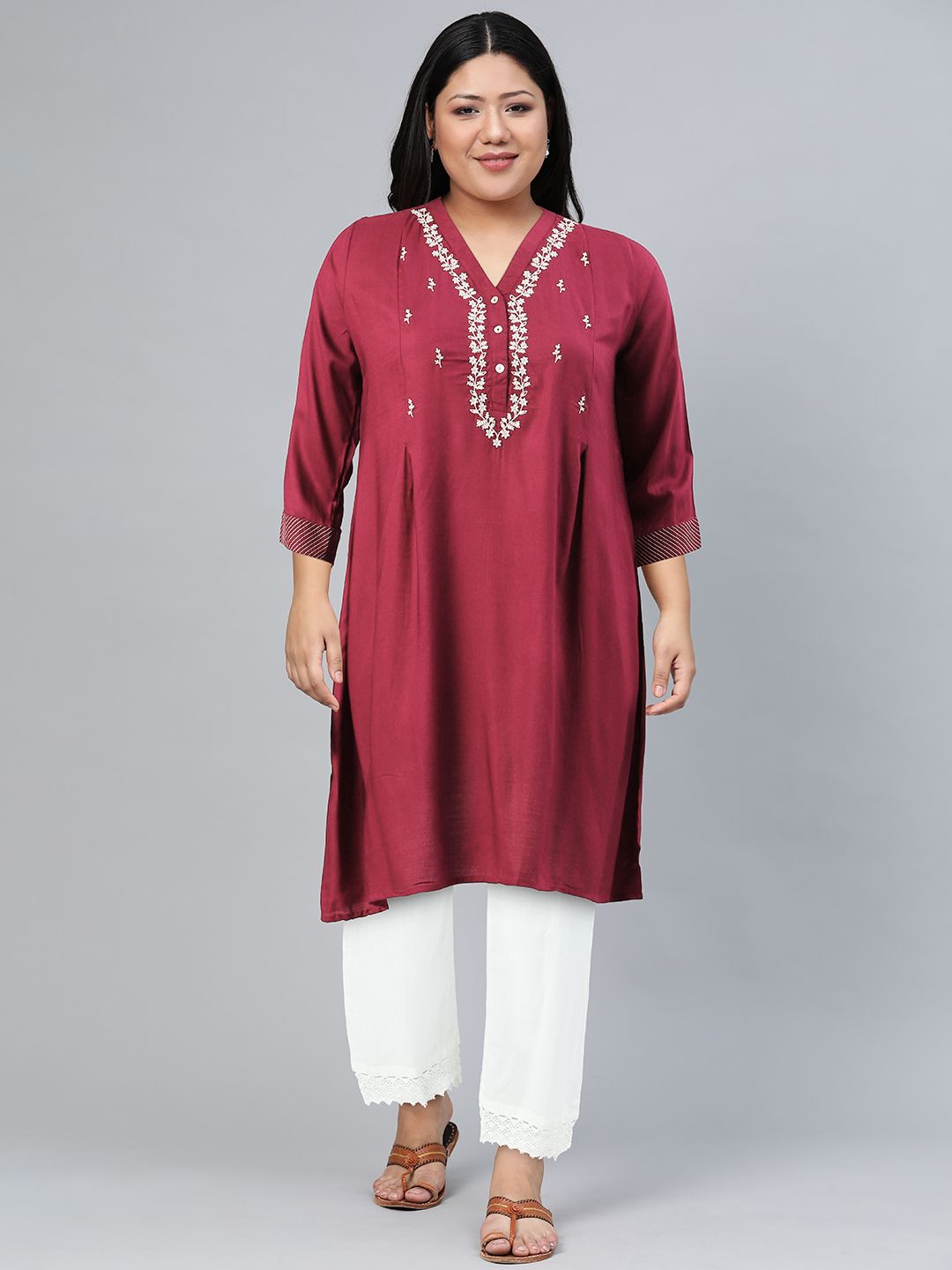 Global Desi Women Floral Embroidered Thread Work A-Line Kurta