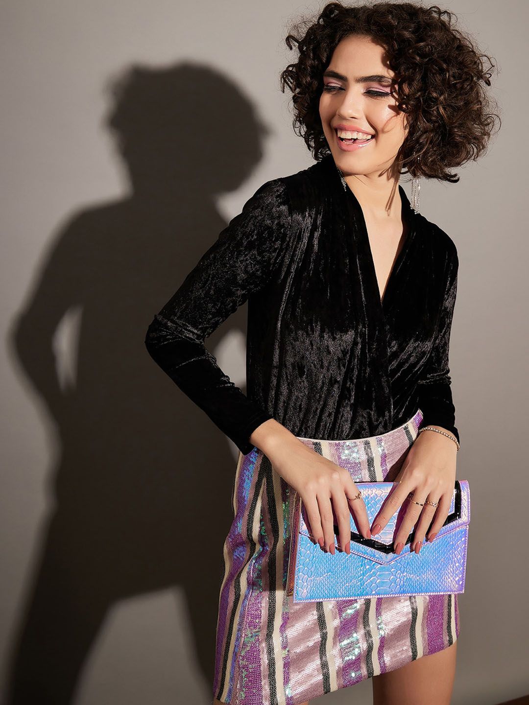 SASSAFRAS Self Design Velvet V-Neck Wrap Bodysuit